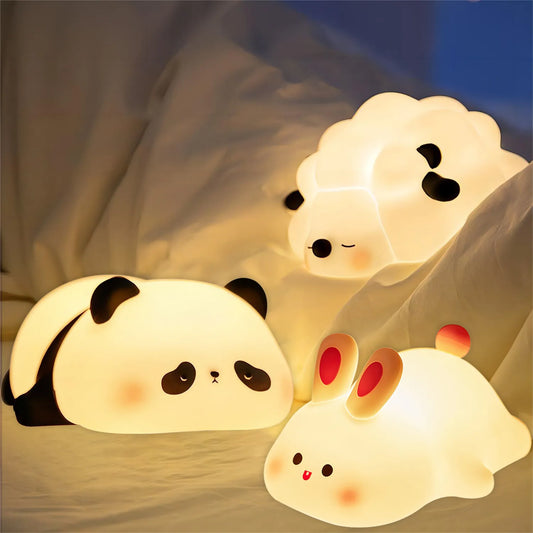 LED Night Lights Cute Sheep Panda Pig Hippo Rabbit Silicone Lamp
